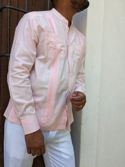 Light pink O-Neck and long sleeve guayabera Fabric: 70% cotton and 30% Linen 